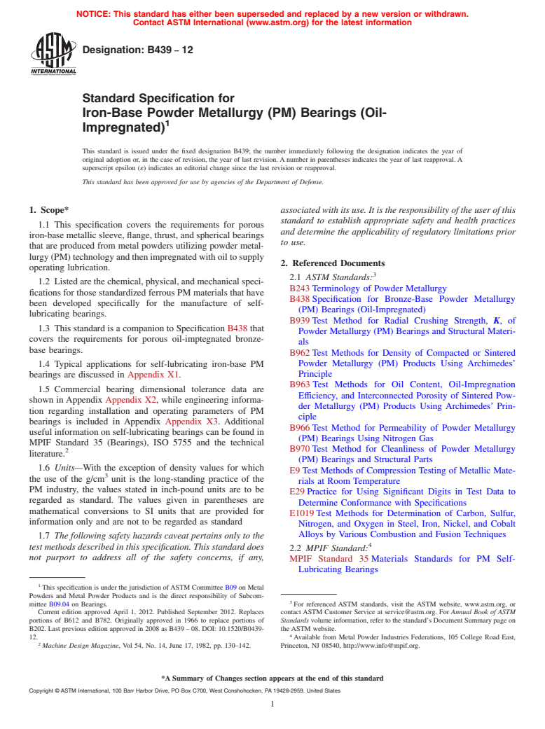 ASTM B439-12 - Standard Specification for Iron-Base Powder Metallurgy (PM) Bearings (Oil-Impregnated)