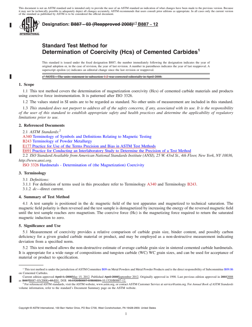 REDLINE ASTM B887-12 - Standard Test Method for Determination of Coercivity (Hcs) of Cemented Carbides