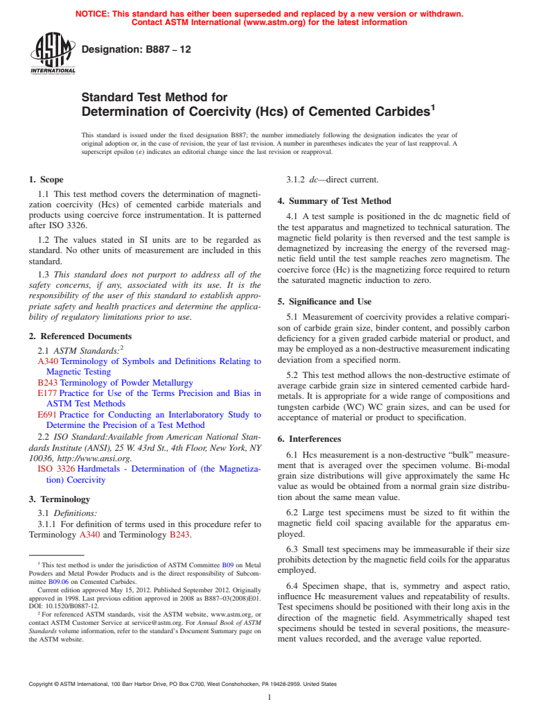 ASTM B887-12 - Standard Test Method for Determination of Coercivity (Hcs) of Cemented Carbides