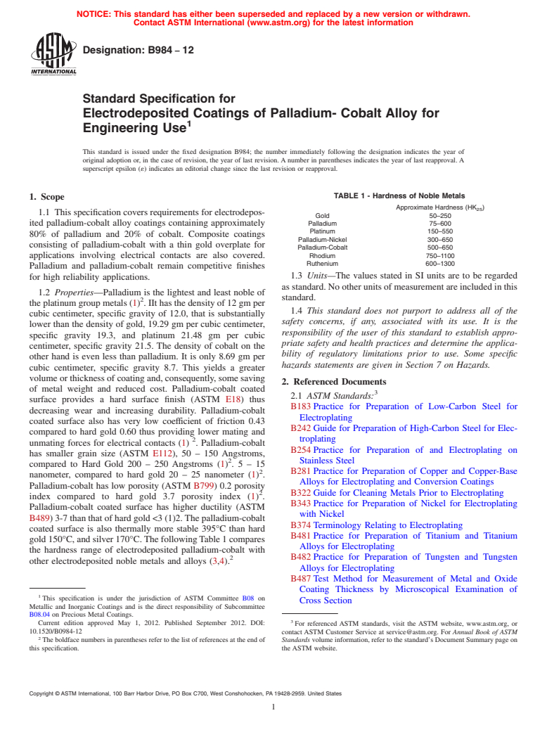 ASTM B984-12 - Standard Specification for Electrodeposited Coatings of Palladium- Cobalt Alloy for Engineering  Use