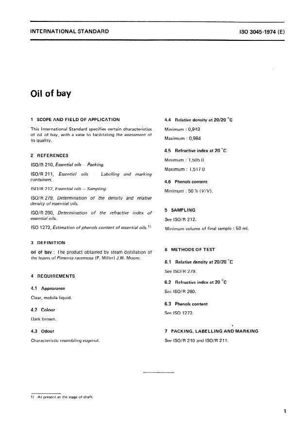 ISO 3045:1974 - Oil of bay