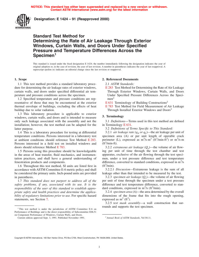 ASTM E1424-91(2000) - Standard Test Method for Determining the Rate of Air Leakage Through Exterior Windows, Curtain Walls, and Doors Under Specified Pressure and Temperature Differences Across the Specimen