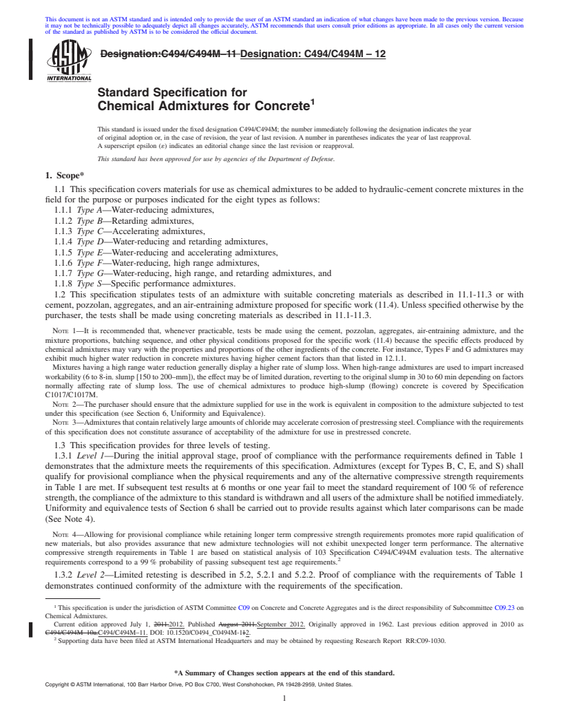 REDLINE ASTM C494/C494M-12 - Standard Specification for  Chemical Admixtures for Concrete