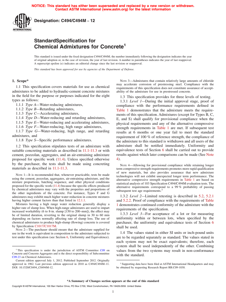 ASTM C494/C494M-12 - Standard Specification for  Chemical Admixtures for Concrete