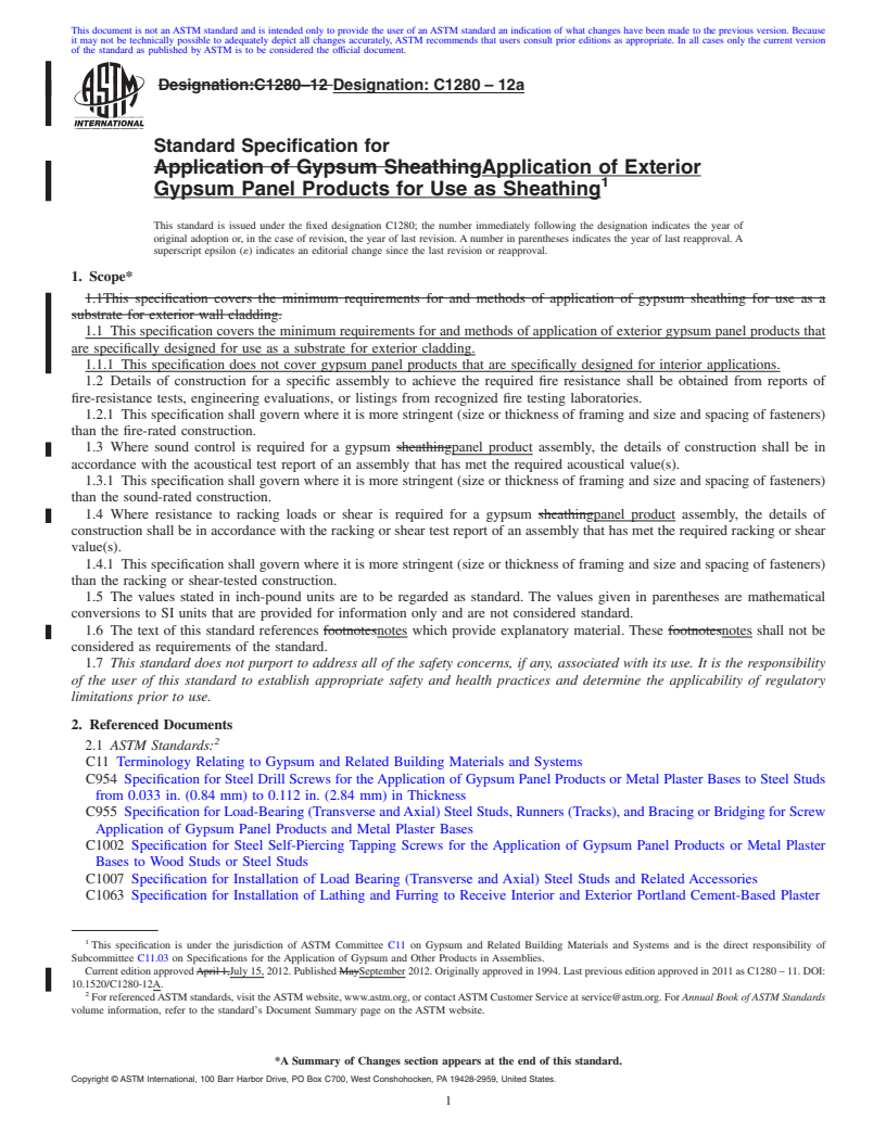 REDLINE ASTM C1280-12a - Standard Specification for Application of Exterior Gypsum Panel Products for Use as Sheathing