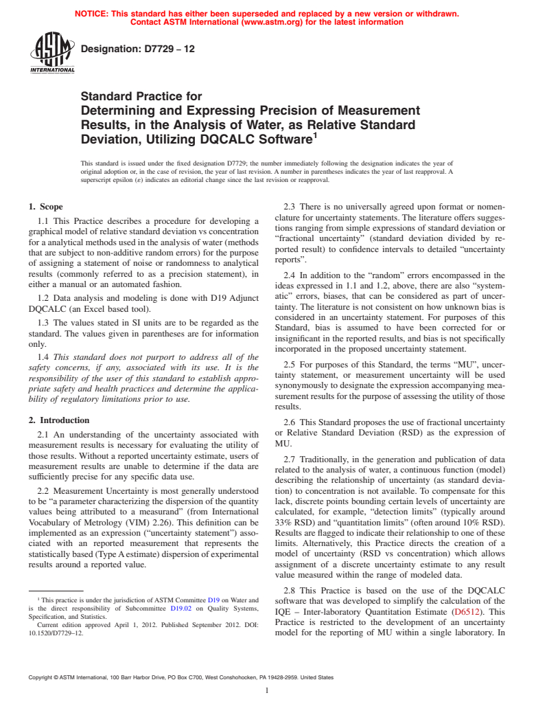 ASTM D7729-12 - Standard Practice for Determining and Expressing Precision of Measurement Results, in the Analysis of Water, as Relative Standard Deviation, Utilizing DQCALC Software