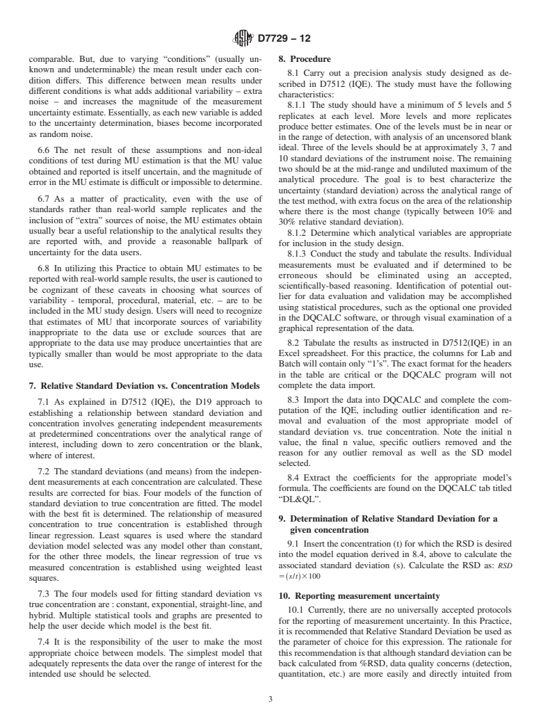 ASTM D7729-12 - Standard Practice for Determining and Expressing Precision of Measurement Results, in the Analysis of Water, as Relative Standard Deviation, Utilizing DQCALC Software