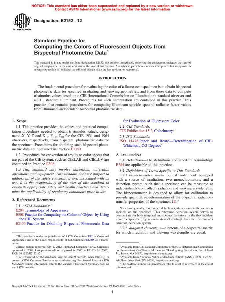 ASTM E2152-12 - Standard Practice for Computing the Colors of Fluorescent Objects from Bispectral Photometric  Data