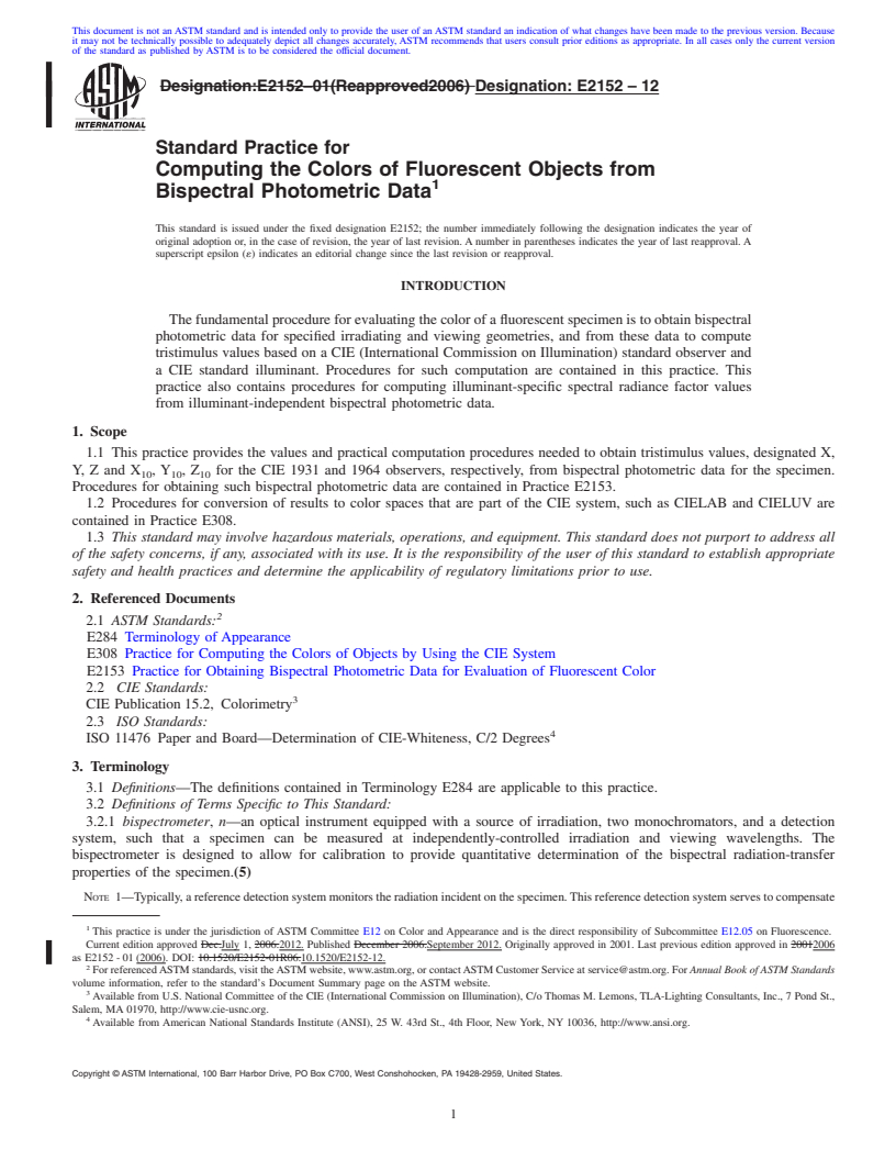 REDLINE ASTM E2152-12 - Standard Practice for Computing the Colors of Fluorescent Objects from Bispectral Photometric  Data