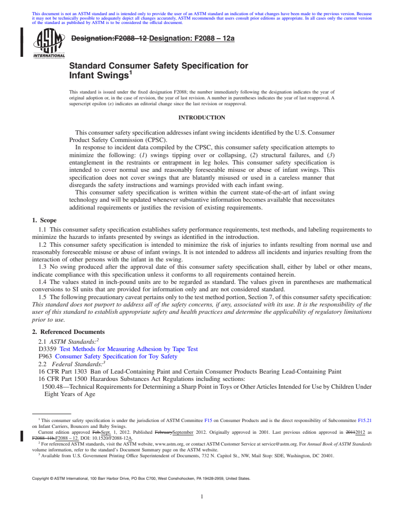 REDLINE ASTM F2088-12a - Standard Consumer Safety Specification for Infant Swings