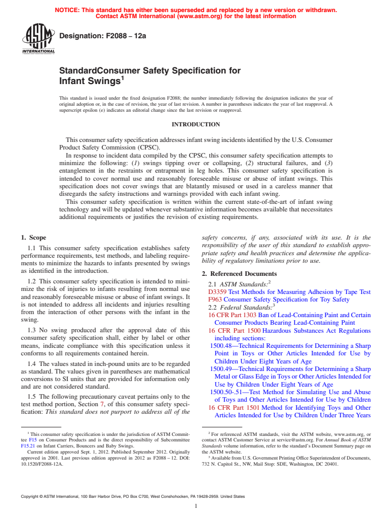 ASTM F2088-12a - Standard Consumer Safety Specification for Infant Swings