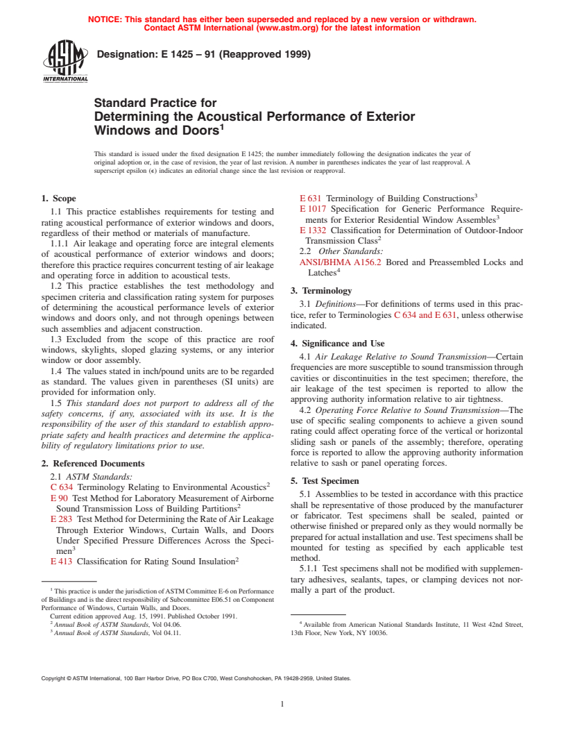 ASTM E1425-91(1999) - Standard Practice for Determining the Acoustical Performance of Exterior Windows and Doors