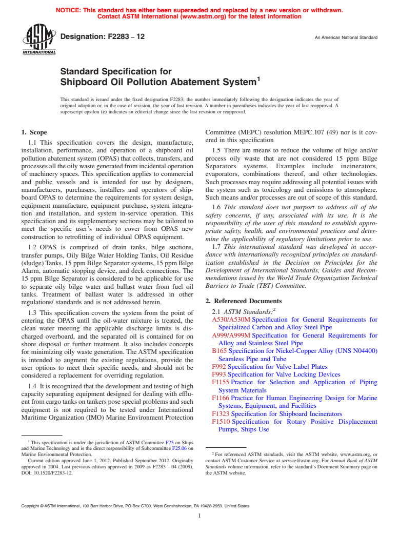 ASTM F2283-12 - Standard Specification for Shipboard Oil Pollution Abatement System