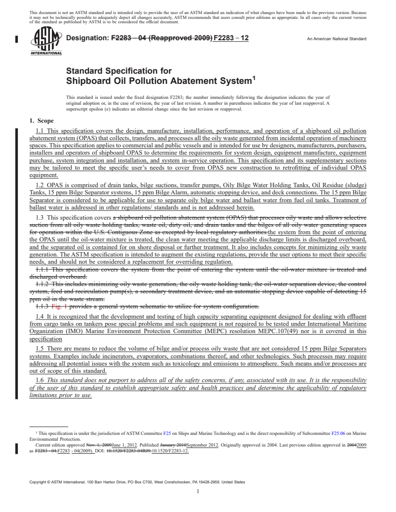 REDLINE ASTM F2283-12 - Standard Specification for Shipboard Oil Pollution Abatement System