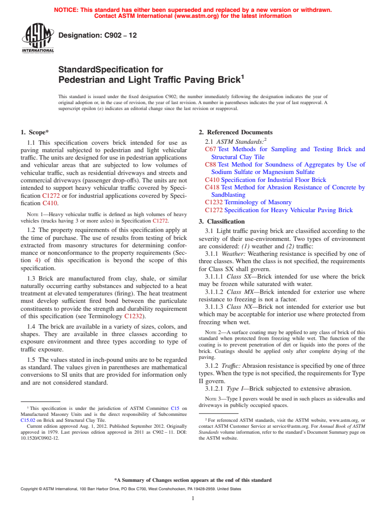 ASTM C902-12 - Standard Specification for Pedestrian and Light Traffic Paving Brick