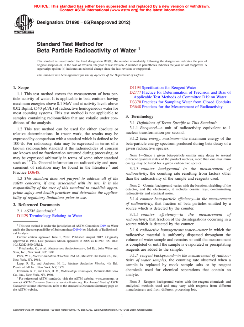 ASTM D1890-05(2012) - Standard Test Method for  Beta Particle Radioactivity of Water&thinsp;