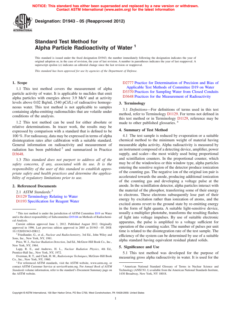 ASTM D1943-05(2012) - Standard Test Method for  Alpha Particle Radioactivity of Water&thinsp;