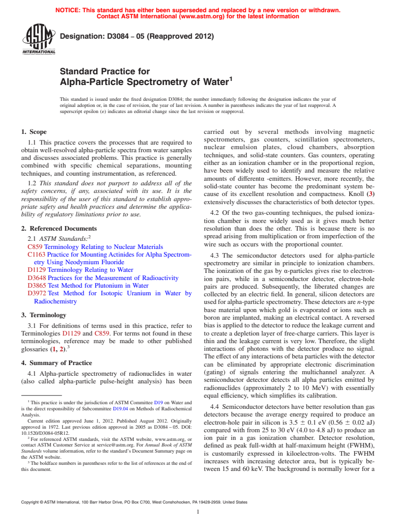 ASTM D3084-05(2012) - Standard Practice for  Alpha-Particle Spectrometry of Water