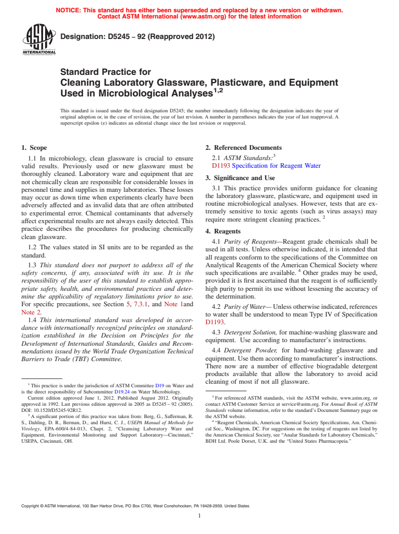 ASTM D5245-92(2012) - Standard Practice for Cleaning Laboratory Glassware, Plasticware, and Equipment Used in Microbiological Analyses