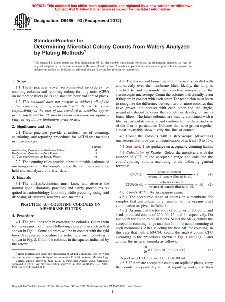 ASTM D5465-93(2012) - Standard Practice for Determining Microbial Colony Counts from Waters Analyzed by Plating Methods