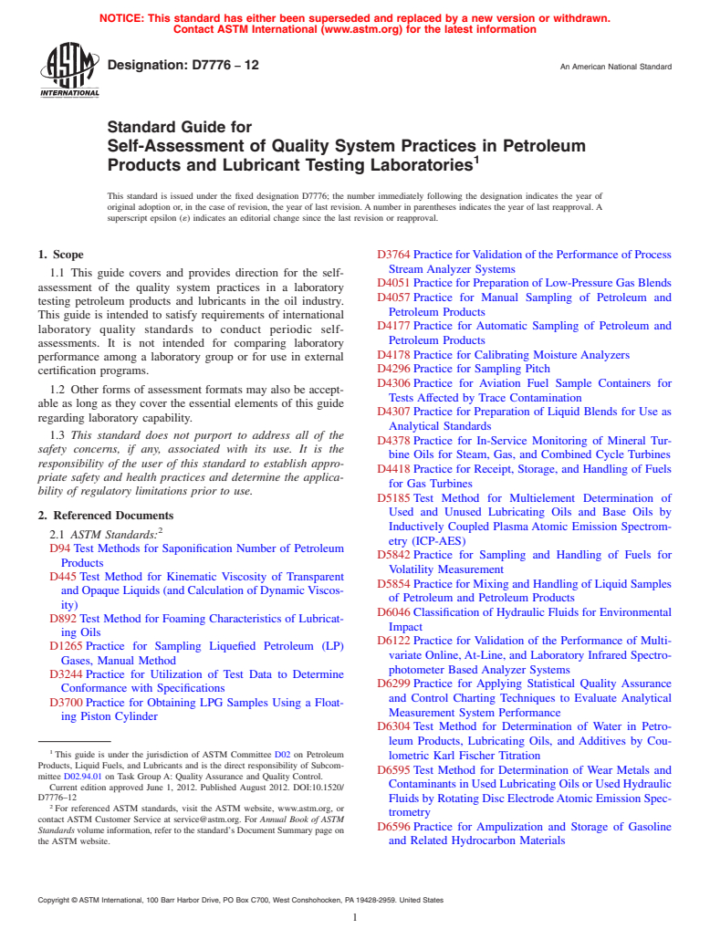 ASTM D7776-12 - Standard Guide for Self-Assessment of Quality System Practices in Petroleum Products and Lubricant Testing Laboratories (Withdrawn 2017)