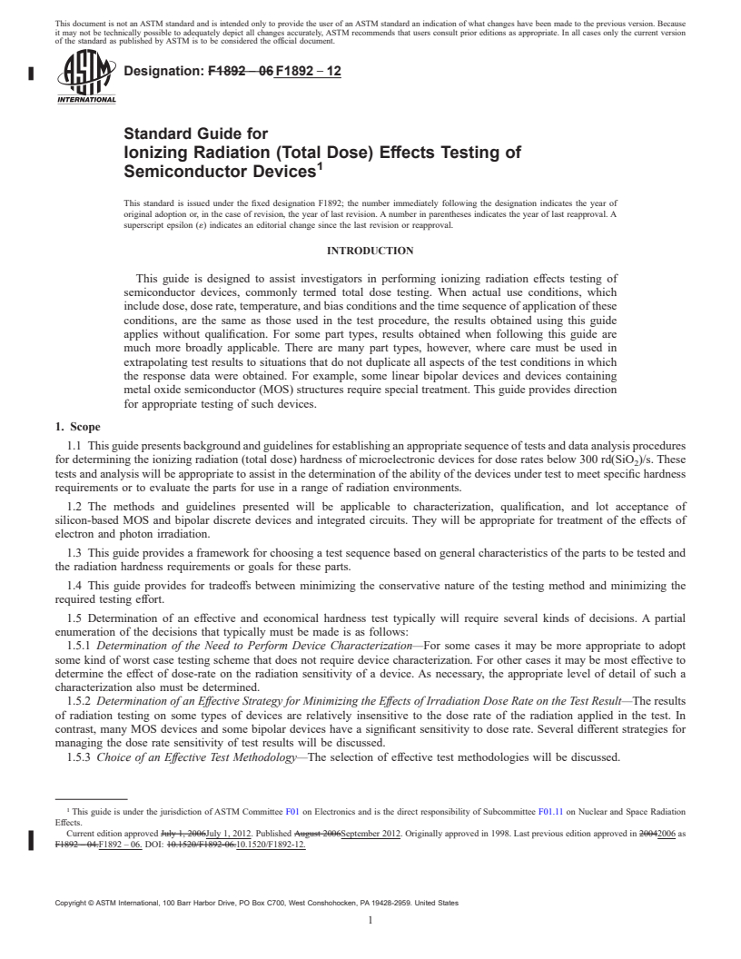 REDLINE ASTM F1892-12 - Standard Guide for  Ionizing Radiation (Total Dose) Effects Testing of Semiconductor   Devices