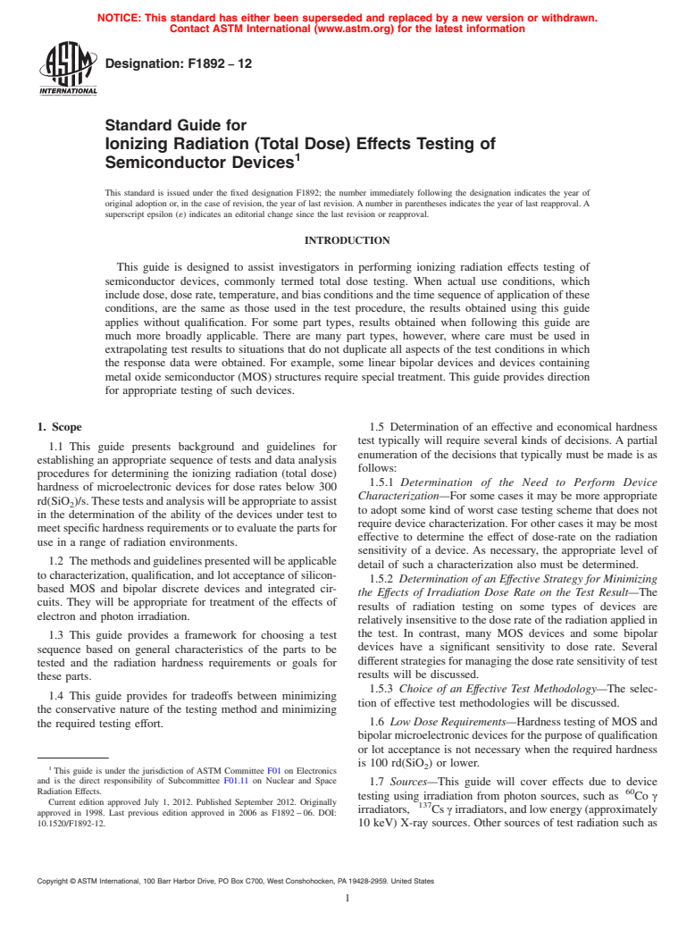 ASTM F1892-12 - Standard Guide for  Ionizing Radiation (Total Dose) Effects Testing of Semiconductor   Devices