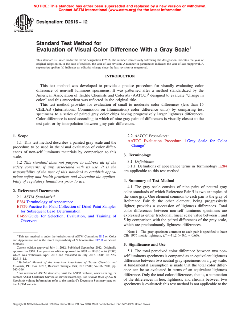 ASTM D2616-12 - Standard Test Method for Evaluation of Visual Color Difference With a Gray Scale