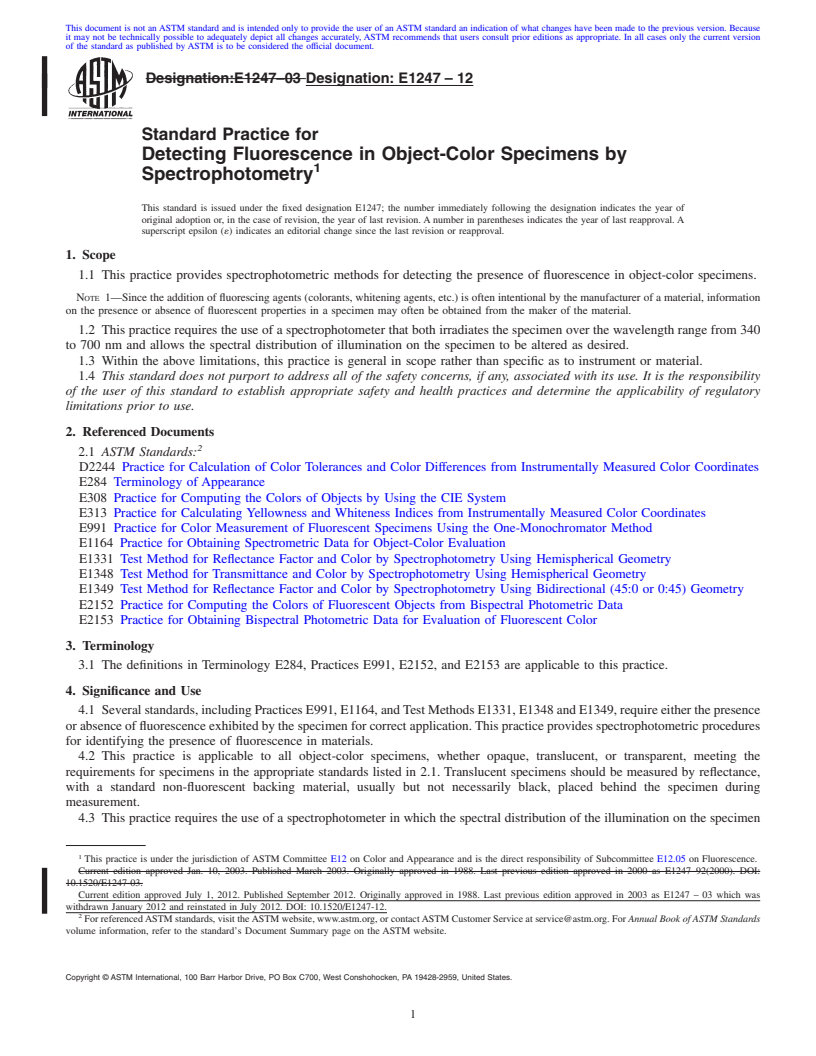 REDLINE ASTM E1247-12 - Standard Practice for Detecting Fluorescence in Object-Color Specimens by Spectrophotometry