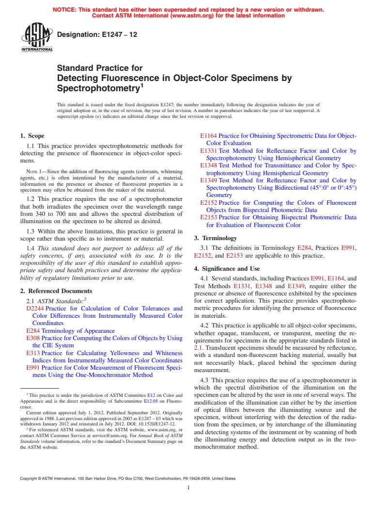 ASTM E1247-12 - Standard Practice for Detecting Fluorescence in Object-Color Specimens by Spectrophotometry