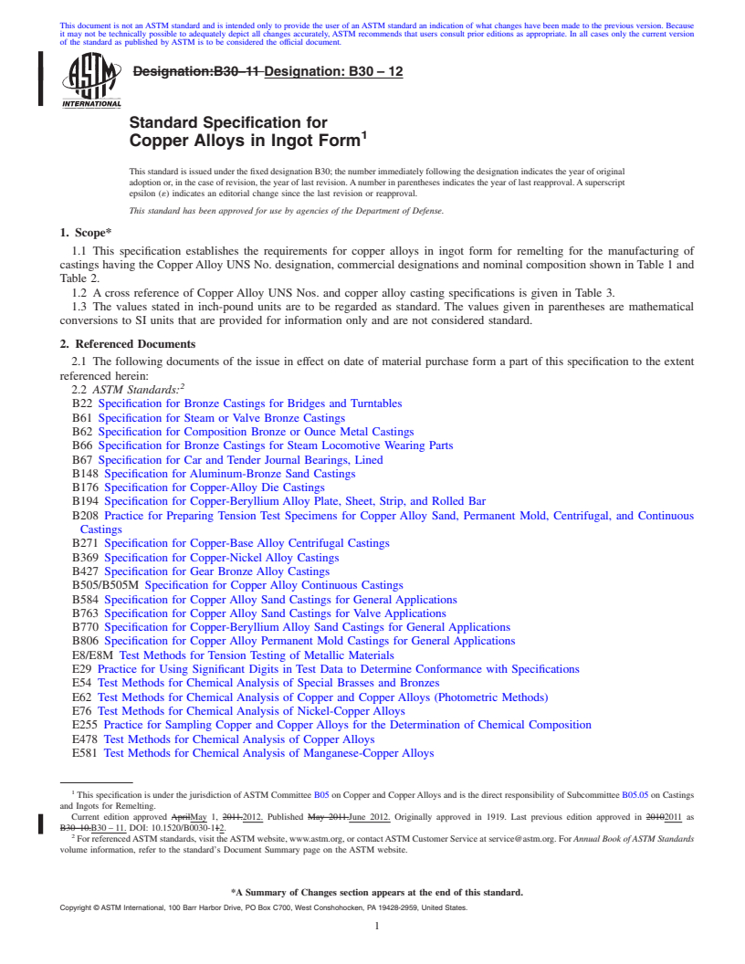 REDLINE ASTM B30-12 - Standard Specification for Copper Alloys in Ingot Form