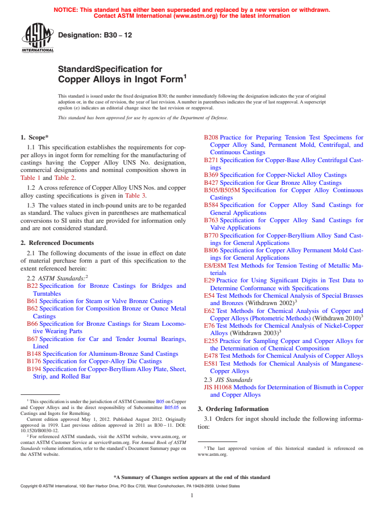 ASTM B30-12 - Standard Specification for Copper Alloys in Ingot Form