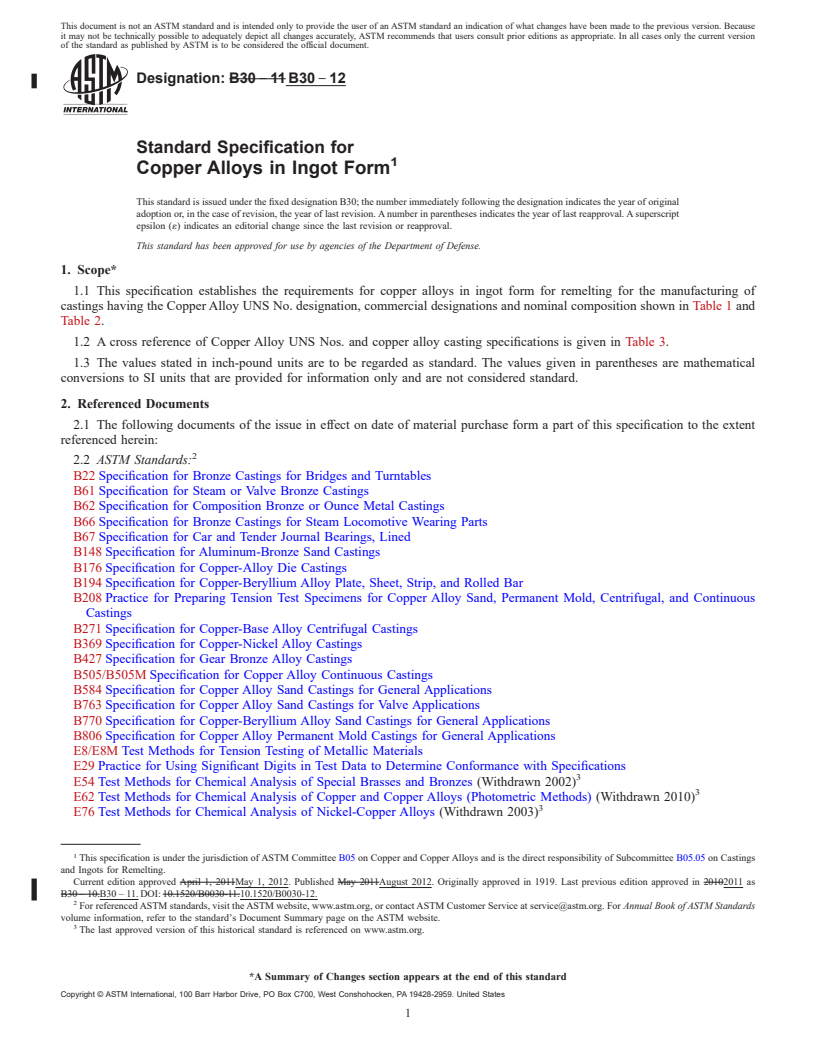 REDLINE ASTM B30-12 - Standard Specification for Copper Alloys in Ingot Form