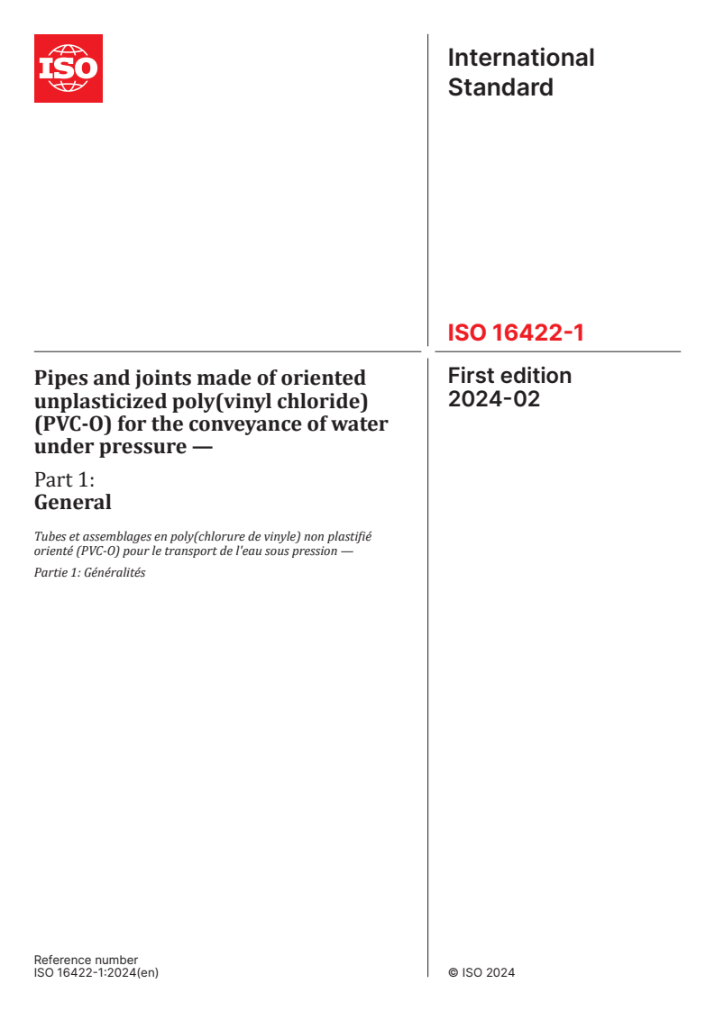 ISO 16422-1:2024 ISO 16422-1:2024 - Pipes and joints made of oriented unplasticized poly(vinyl chloride) (PVC-O) for the conveyance of water under pressure — Part 1: General
Released:1. 02. 2024