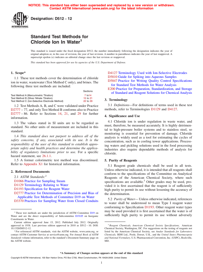 ASTM D512-12 - Standard Test Methods for Chloride Ion In Water (Withdrawn 2021)