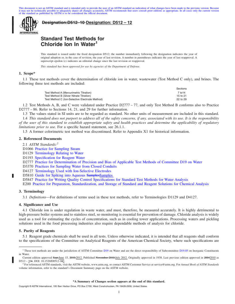 REDLINE ASTM D512-12 - Standard Test Methods for Chloride Ion In Water (Withdrawn 2021)