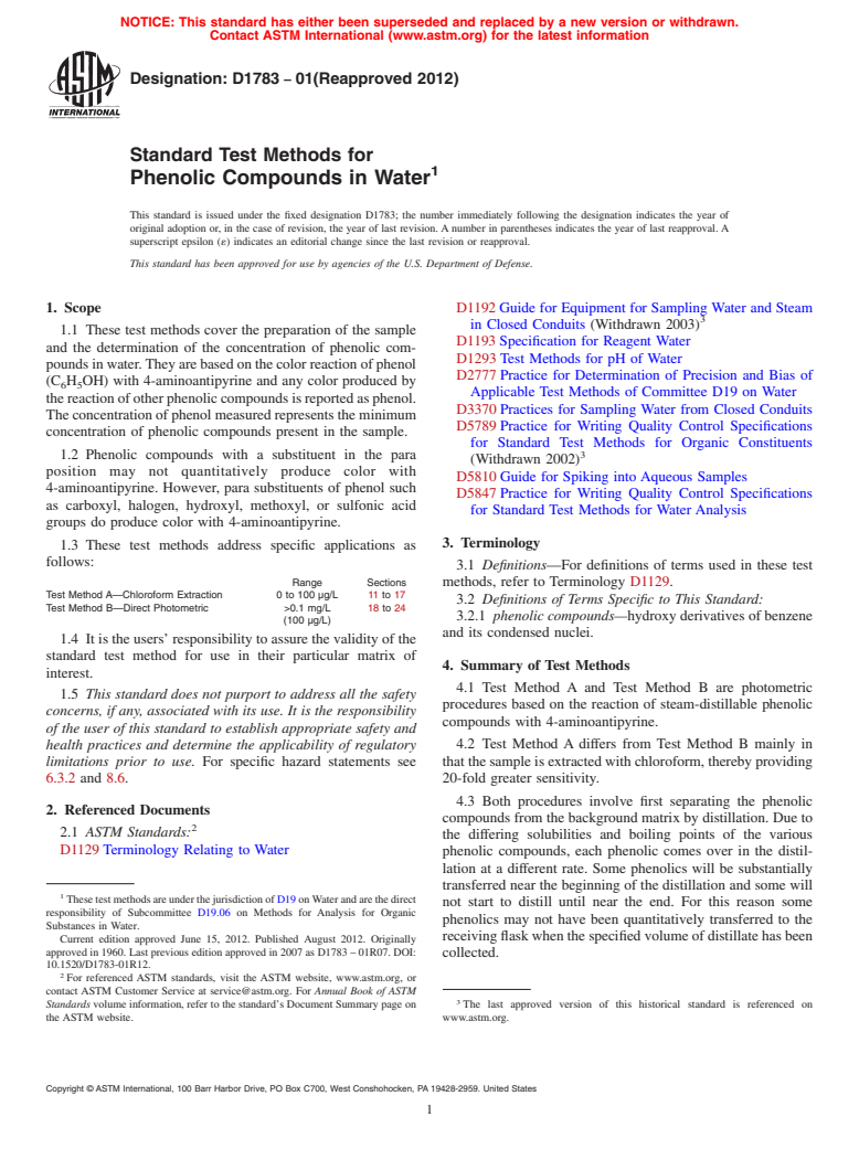 ASTM D1783-01(2012) - Standard Test Methods for  Phenolic Compounds in Water