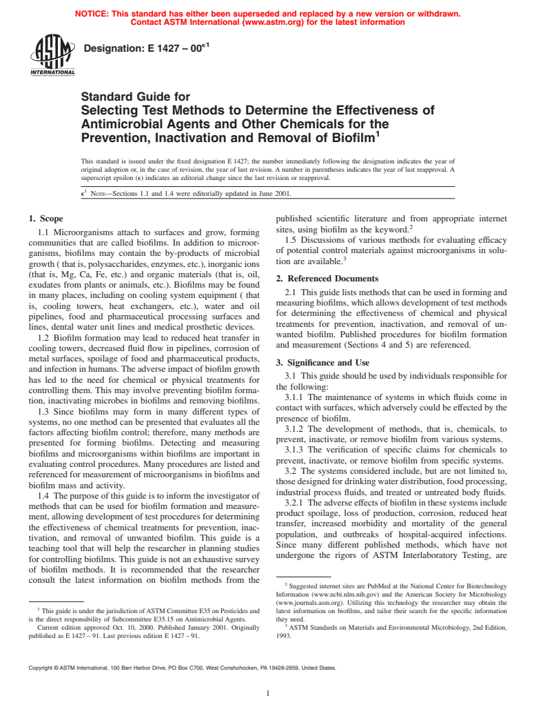 ASTM E1427-00e1 - Standard Guide for Selecting Test Methods to Determine the Effectiveness of Antimicrobial Agents and Other Chemicals for the Prevention, Inactivation and Removal of Biofilm (Withdrawn 2009)