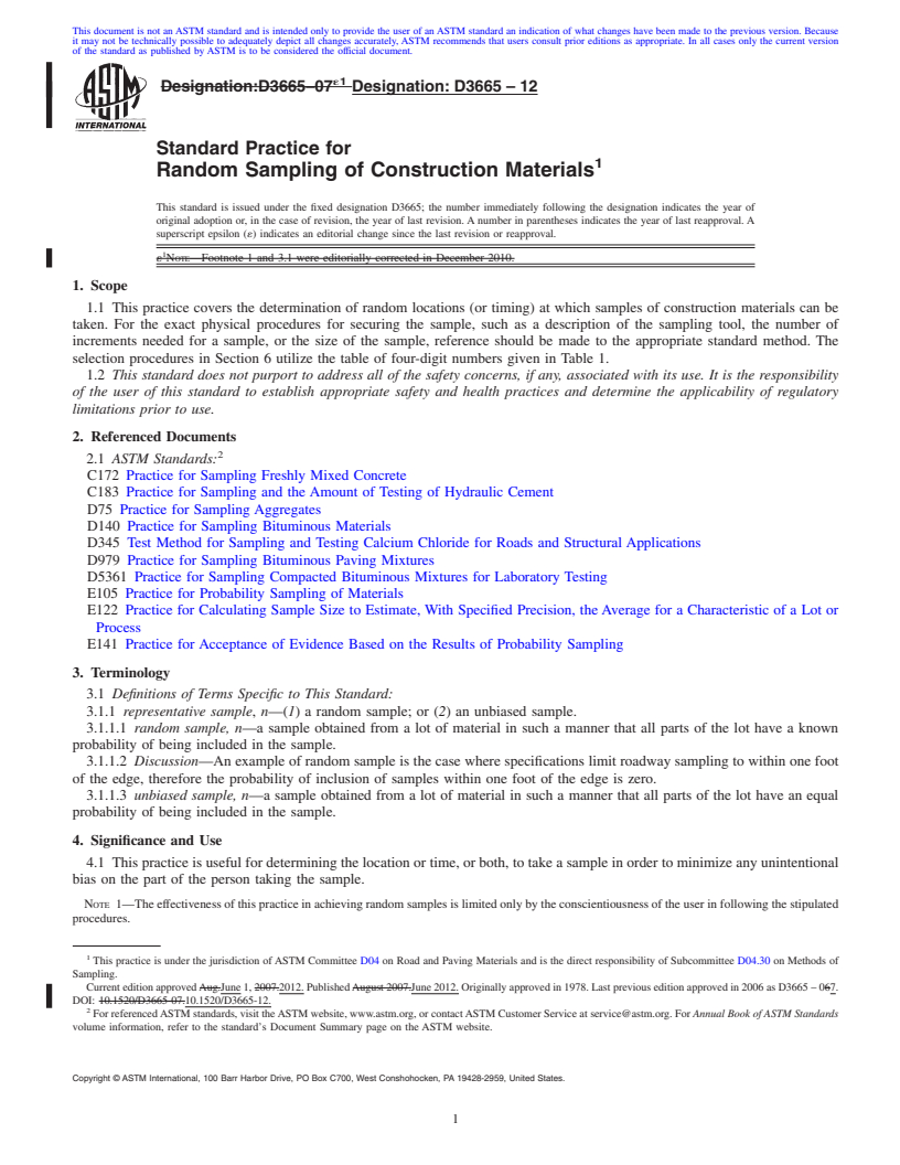 REDLINE ASTM D3665-12 - Standard Practice for  Random Sampling of Construction Materials