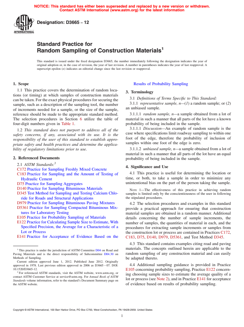ASTM D3665-12 - Standard Practice for  Random Sampling of Construction Materials