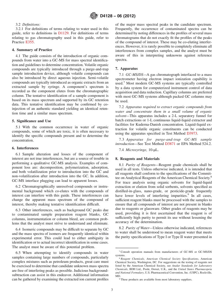 ASTM D4128-06(2012) - Standard Guide for Identification and Quantitation of Organic Compounds in Water by Combined Gas Chromatography and Electron Impact Mass Spectrometry