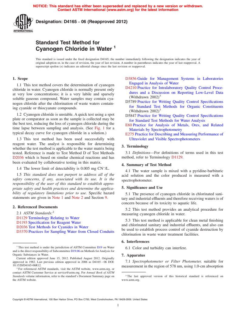 ASTM D4165-06(2012) - Standard Test Method for  Cyanogen Chloride in Water&thinsp;