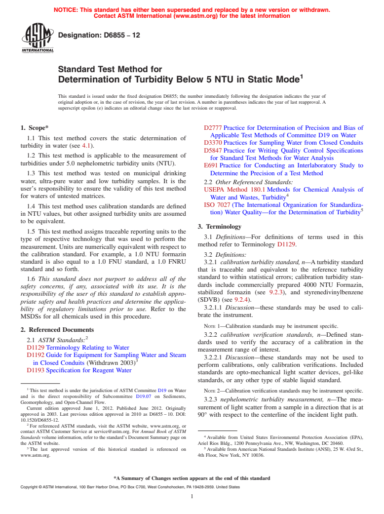 ASTM D6855-12 - Standard Test Method for Determination of Turbidity Below 5 NTU in Static Mode