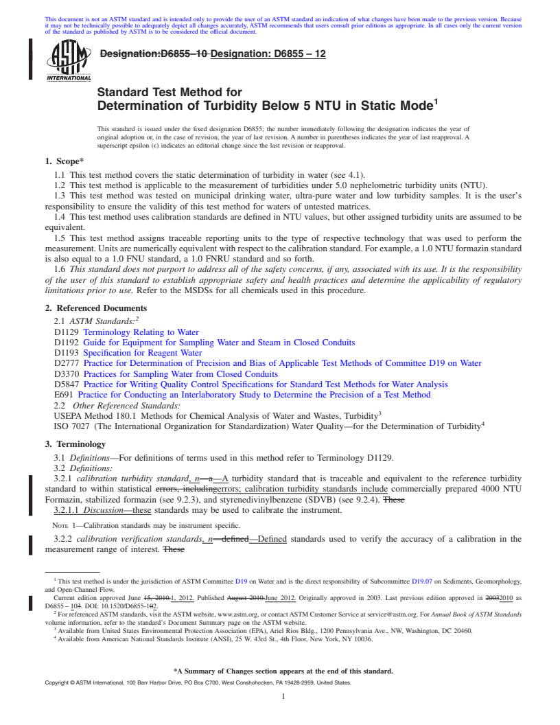 REDLINE ASTM D6855-12 - Standard Test Method for Determination of Turbidity Below 5 NTU in Static Mode