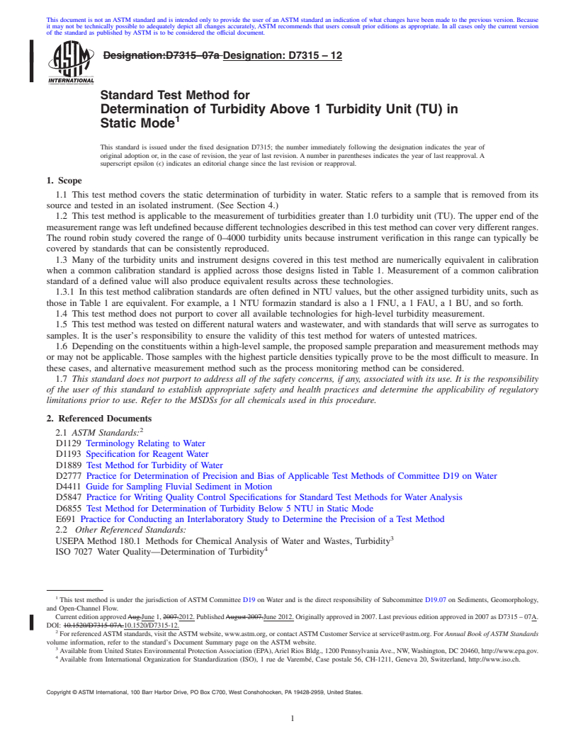 REDLINE ASTM D7315-12 - Standard Test Method for Determination of Turbidity Above 1 Turbidity Unit (TU) in Static Mode