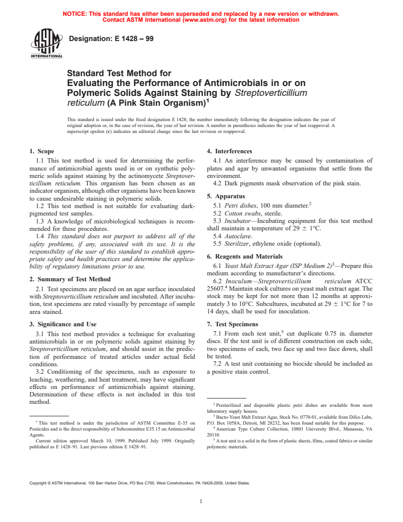 ASTM E1428-99 - Standard Test Method for Evaluating the Performance of Antimicrobials in or on Polymeric Solids Against Staining by <i>Streptoverticillium Reticulum</i> (A Pink Stain Organism)