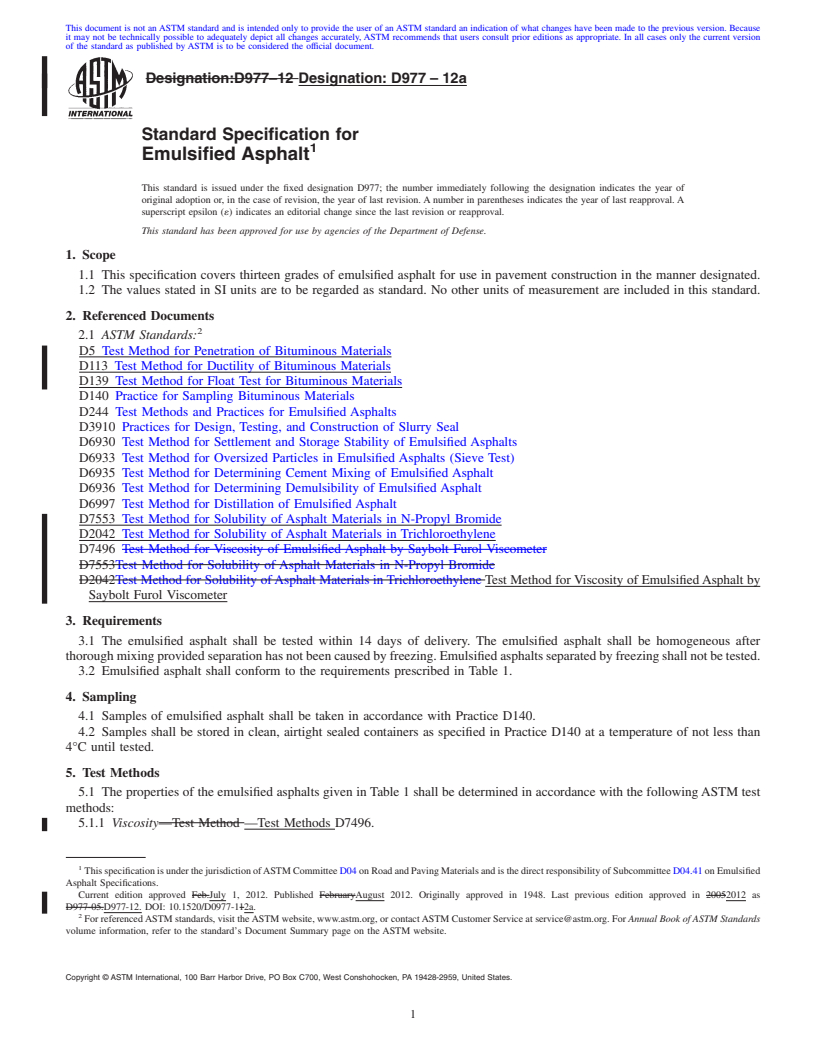REDLINE ASTM D977-12a - Standard Specification for Emulsified Asphalt