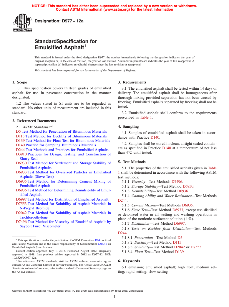 ASTM D977-12a - Standard Specification for Emulsified Asphalt