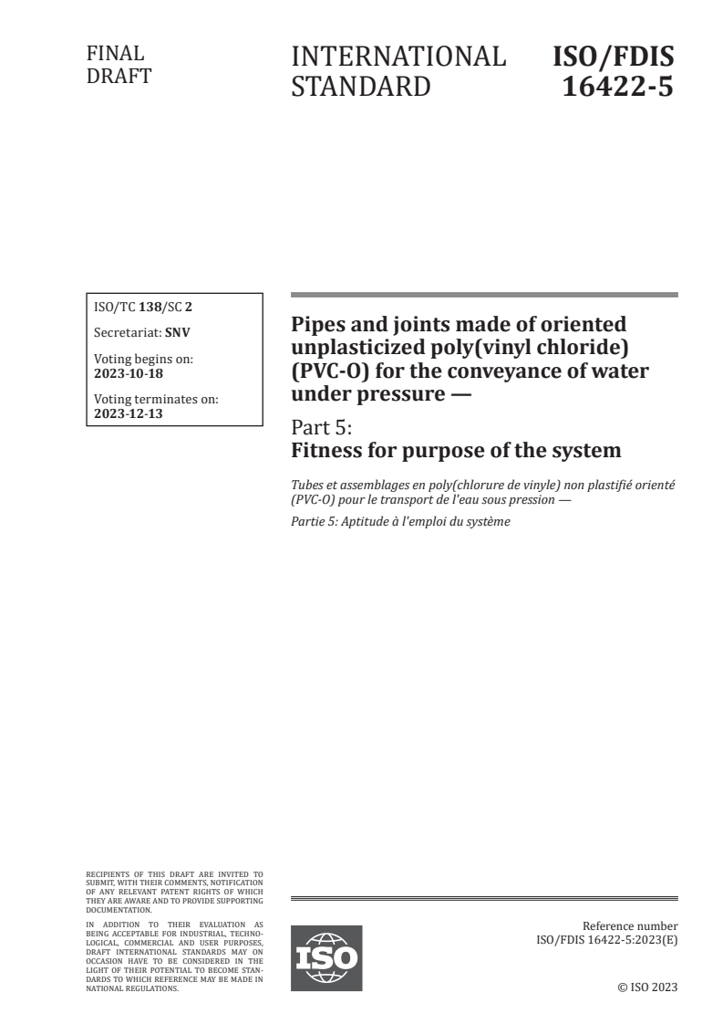 ISO/FDIS 16422-5 - Pipes and joints made of oriented unplasticized poly(vinyl chloride) (PVC-O) for the conveyance of water under pressure — Part 5: Fitness for purpose of the system
Released:4. 10. 2023