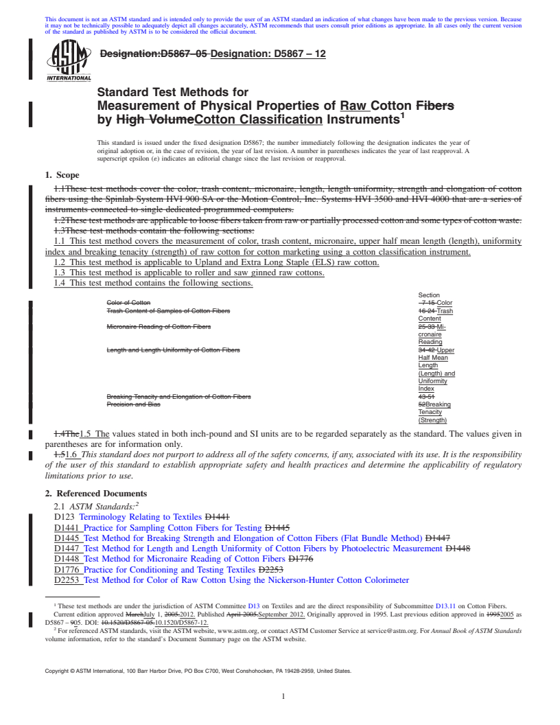 REDLINE ASTM D5867-12 - Standard Test Methods for Measurement of Physical Properties of Raw Cotton by Cotton Classification Instruments